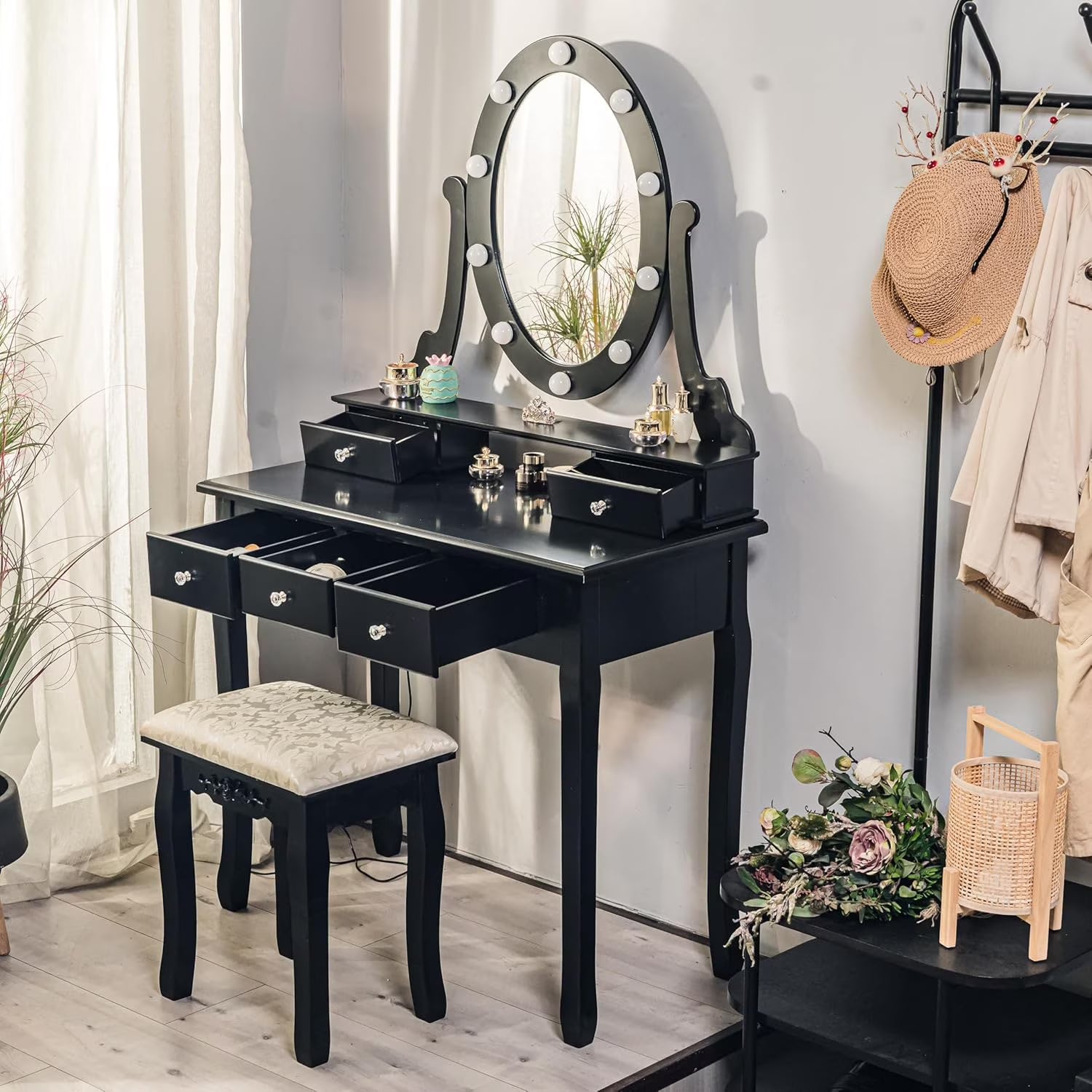 TROPOW Vanity Desk,Makeup Vanity,with Mirror and Lights,Vanity Desk with Mirror and Lights, Wood Makeup Dressing Table Stool with & Oval Mirror 3 Colors Lighting Modes Modern,Black