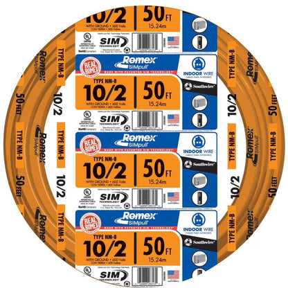 Southwire 28829022 50' 10/2 with ground Romex brand SIMpull residential indoor electrical wire type NM-B Orange