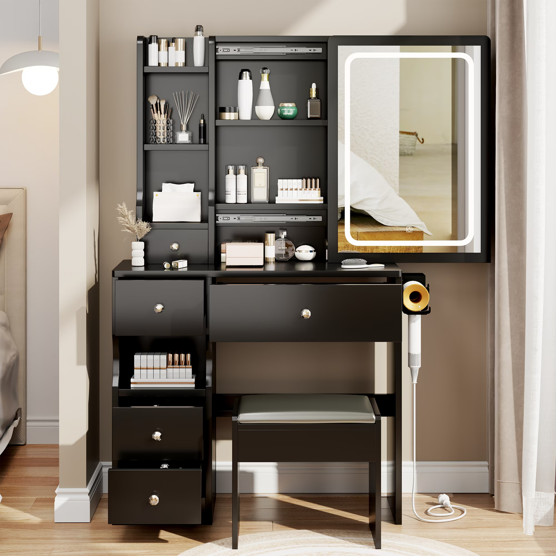 Vanity Set with Stool, Black Vanity Desk with Mirror, 5 Drawers and 2-Layer Shelves, LED Three-Tone Lighting, Particle Board With Triamine Coating, Solid Wood Legs With Copper Sheath Decoration