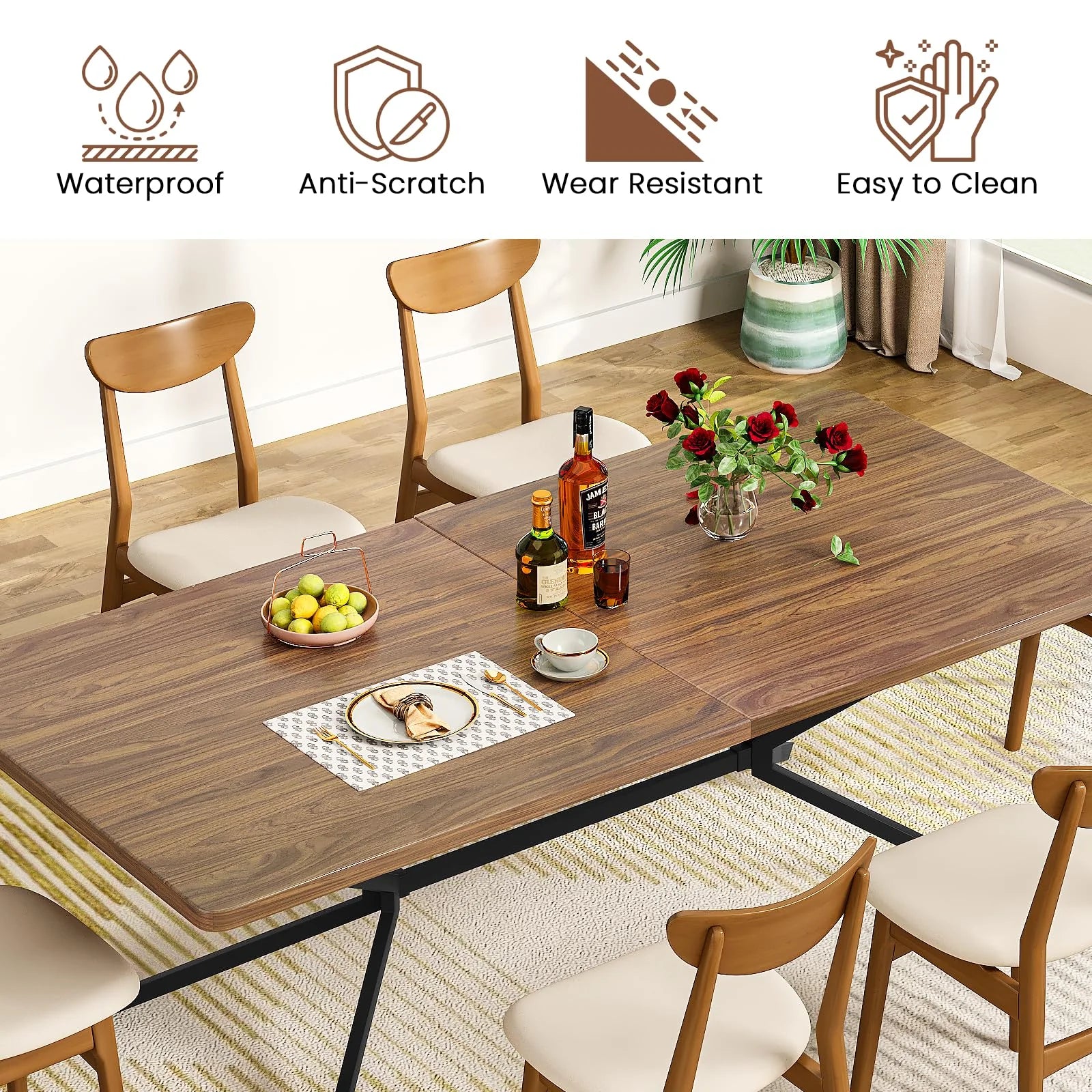 Baxluxe Mid Century Modern Dining Table 70.8 Inch, 6-8 Person Rectangular Kitchen Table with X-Shaped Metal Legs, Wooden Surface Coffee Tables for Living Room, Dining Room, Breakfast Nook, Brown