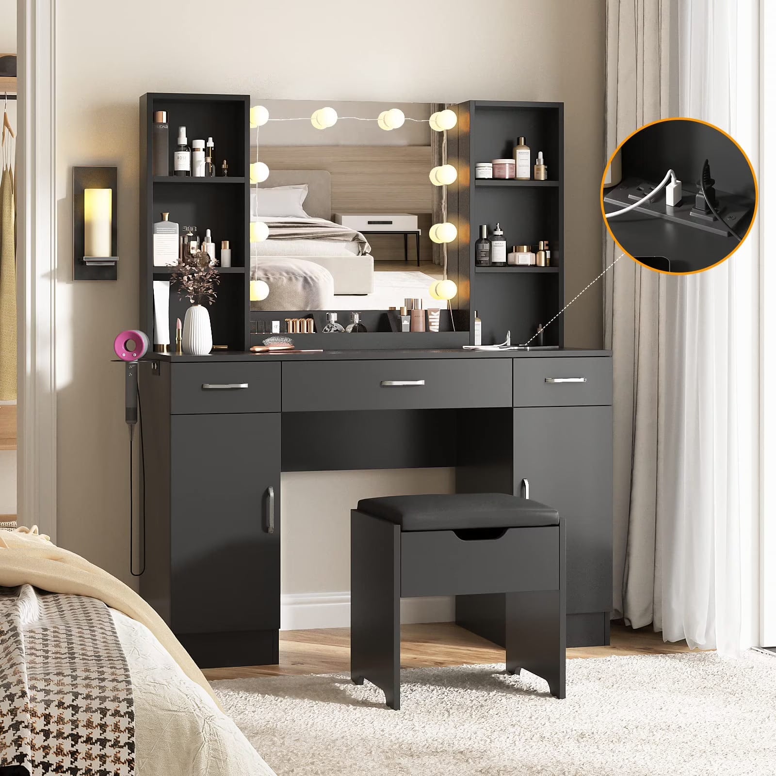VEANERWOOD Large Makeup Vanity Set with Light Modern Makeup Vanity Table with Storage and Adjustable Lighting Colors for Bedroom 45.2in, White