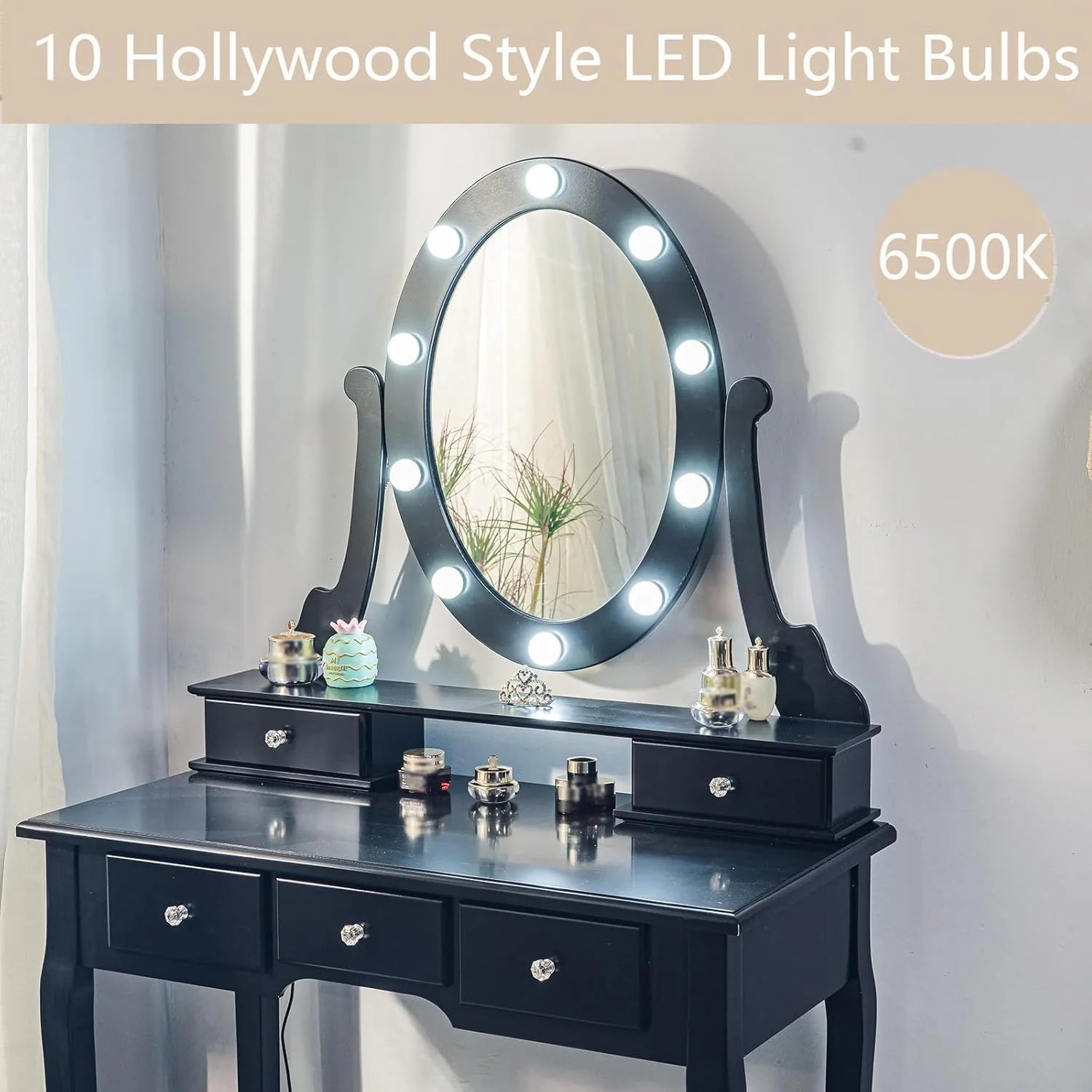 TROPOW Vanity Desk,Makeup Vanity,with Mirror and Lights,Vanity Desk with Mirror and Lights, Wood Makeup Dressing Table Stool with & Oval Mirror 3 Colors Lighting Modes Modern,Black