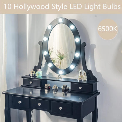 TROPOW Vanity Desk,Makeup Vanity,with Mirror and Lights,Vanity Desk with Mirror and Lights, Wood Makeup Dressing Table Stool with & Oval Mirror 3 Colors Lighting Modes Modern,Black