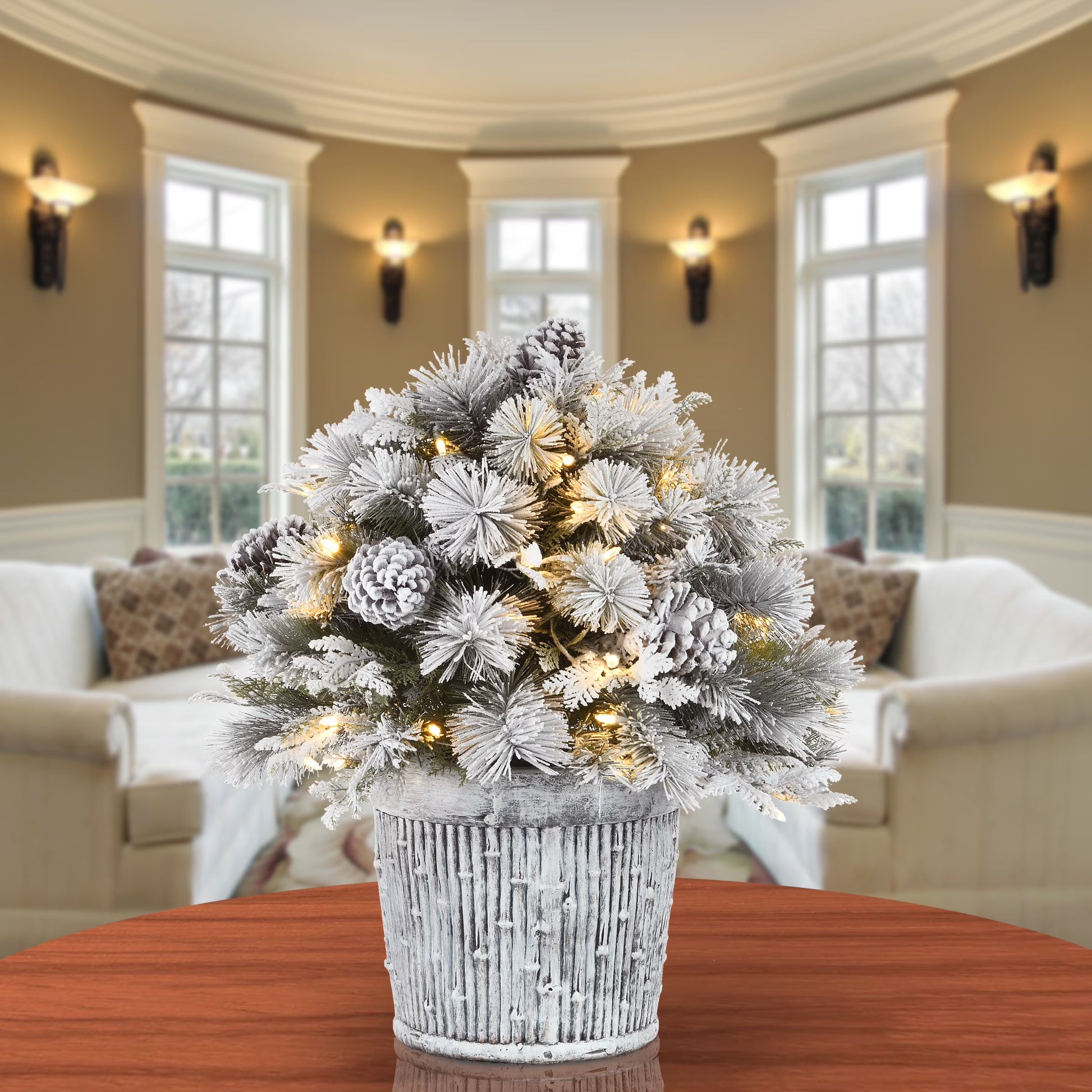 22 in. Pre-Lit Feel Real® Pre-Lit Artificial Snowy Chiwaw Basin Christmas Tabletop Tree, Green, Pinecones, 50 Warm White LED Lights, Whitewash Pot Base
