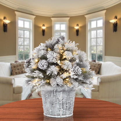22 in. Pre-Lit Feel Real® Pre-Lit Artificial Snowy Chiwaw Basin Christmas Tabletop Tree, Green, Pinecones, 50 Warm White LED Lights, Whitewash Pot Base