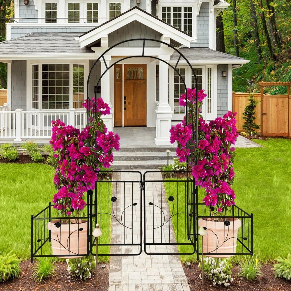 IVV 7.2ft Garden Arbor Arch with Gate and Side Planter Box, Wedding Arch Archway for Ceremony Party, Trellis for Plant Climbing, Christmas Decorations Pergola for Backyard, Lawn, Patio, Yard (Black)