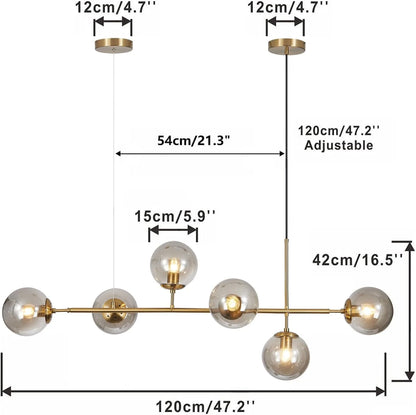 KCO Lighting 6-Light Smoke Glass Sputnik Chandelier Brass Gold Linear Pendant Lighting