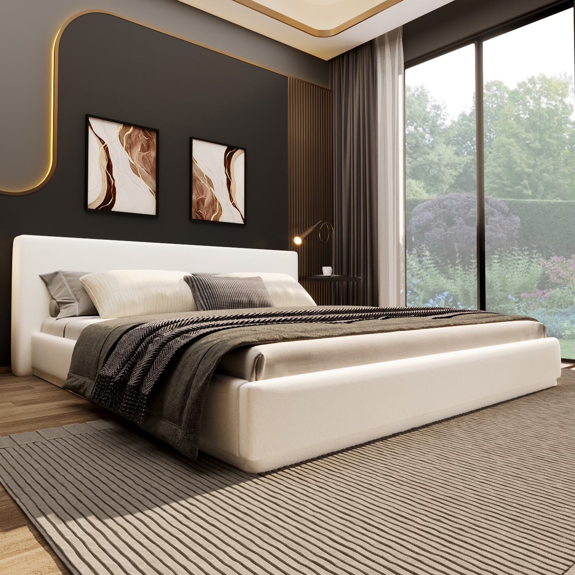 Christopher Knight Home Velvet Upholstered QueenBed, Solid Wood Platform Bed Frame, White