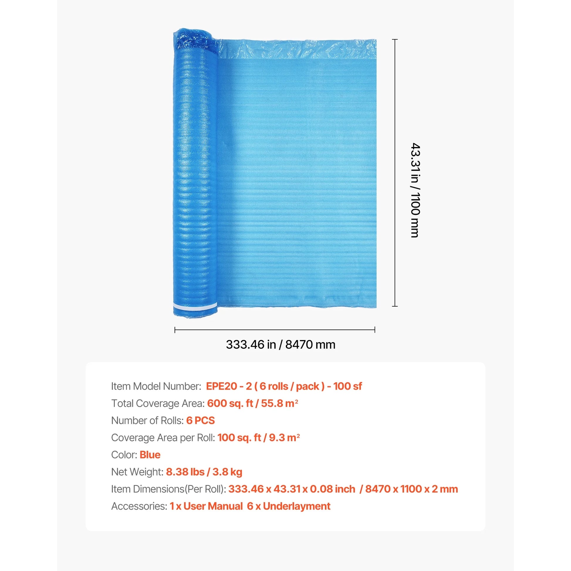 KFFKFF Floor Underlayment 600 sq. ft, 3-in-1 2 mm Thick Padding with Tape & Moisture Barrier, Durable EPE Foam for Sound Dampening & Noise Control, Suitable for Laminate Wood (6 Rolls x 100 sq. ft)