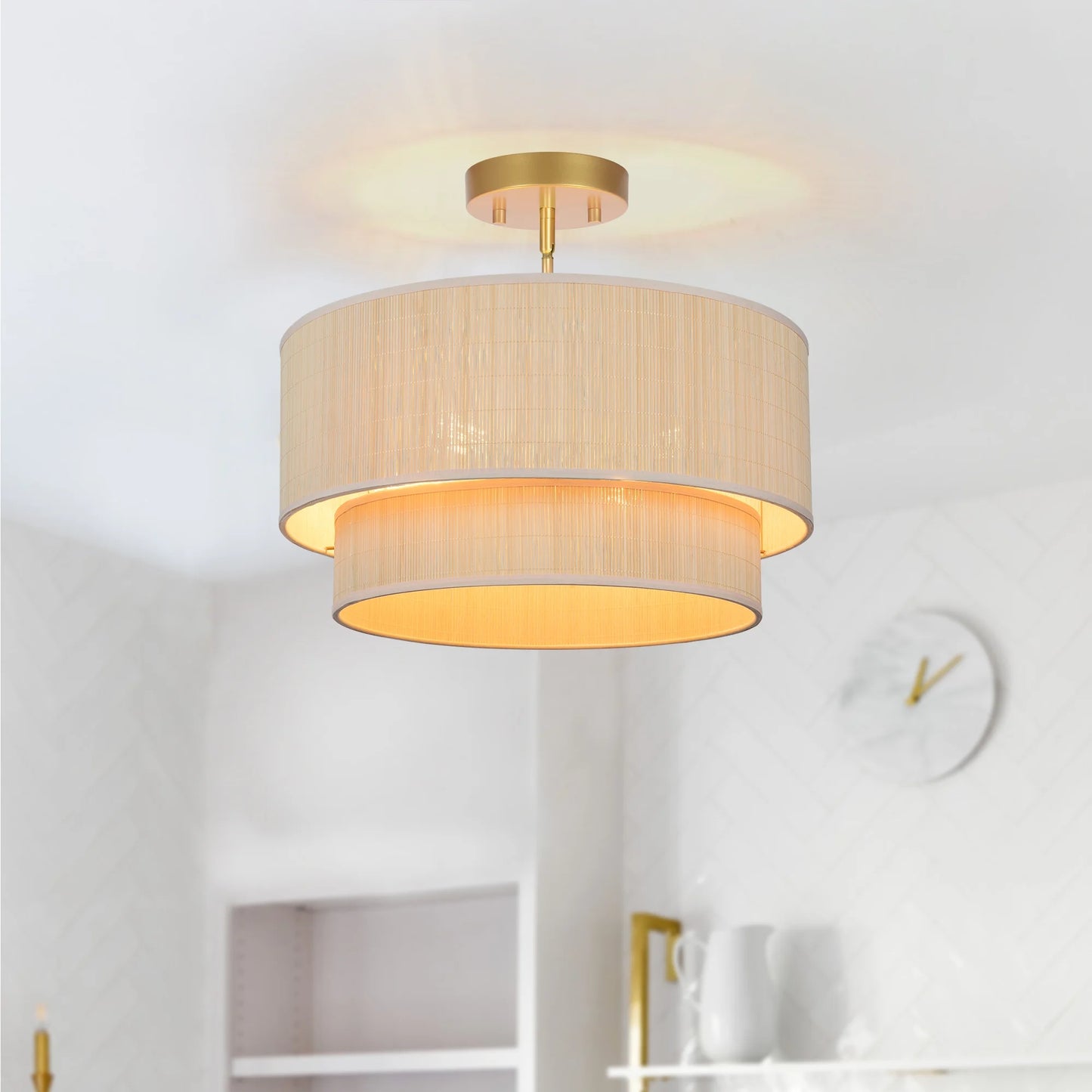 Prime Ray 20 in. 4-Light Natural Rattan Tiered Drum Pendant Chandelier Light with Gold Hardware