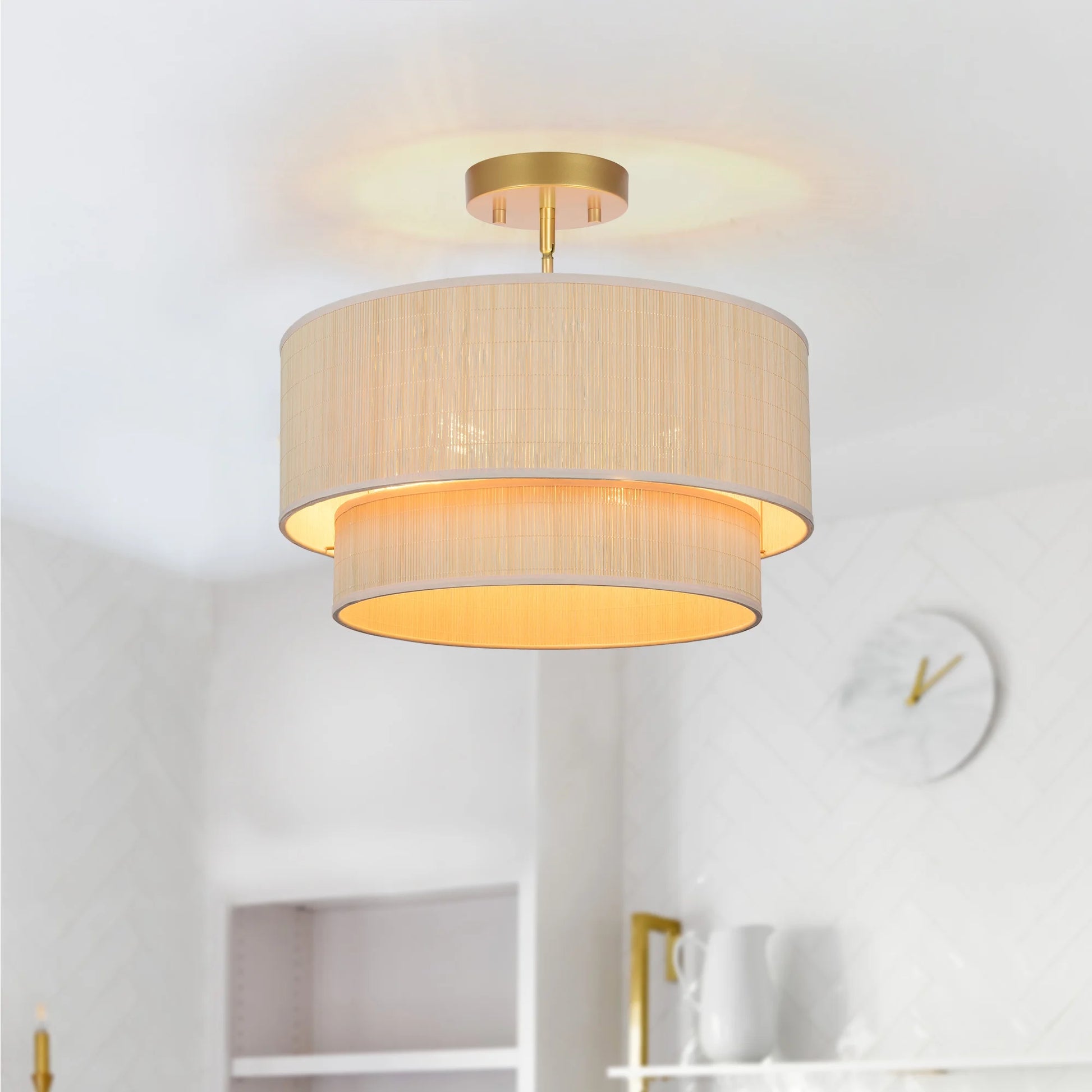 Prime Ray 20 in. 4-Light Natural Rattan Tiered Drum Pendant Chandelier Light with Gold Hardware