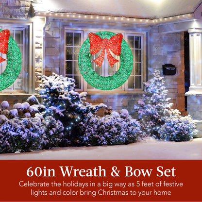 Best Choice Products 60in Pre-Lit Outdoor Christmas Wreath, LED Metal Holiday Decor w/206 Lights, Bow - Green/Red