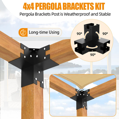 Pergola Brackets 12 Gauge Heavy Duty Steel Modular Modern Outdoor Pergola Hardware Kit DIY Elevated Wood Stand kit Includes 4 Bracket Shoulders 4 Boots for 4x4 (Actual: 3.5x3.5 Inch)