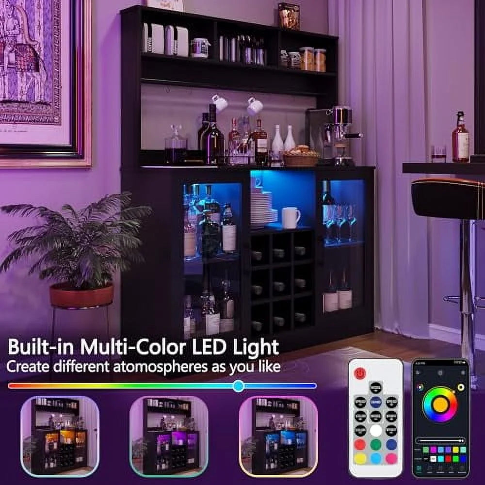 Juiluna Coffee Bar Cabinet Wine Bar Cabinet with Power Outlet, 6 Hooks,9 Wink Racks and Adjustable Shelf, Liquor Cabinet Bar with LED Light, Buffet Sideboard with Storage Shelf for Kitchen, Black