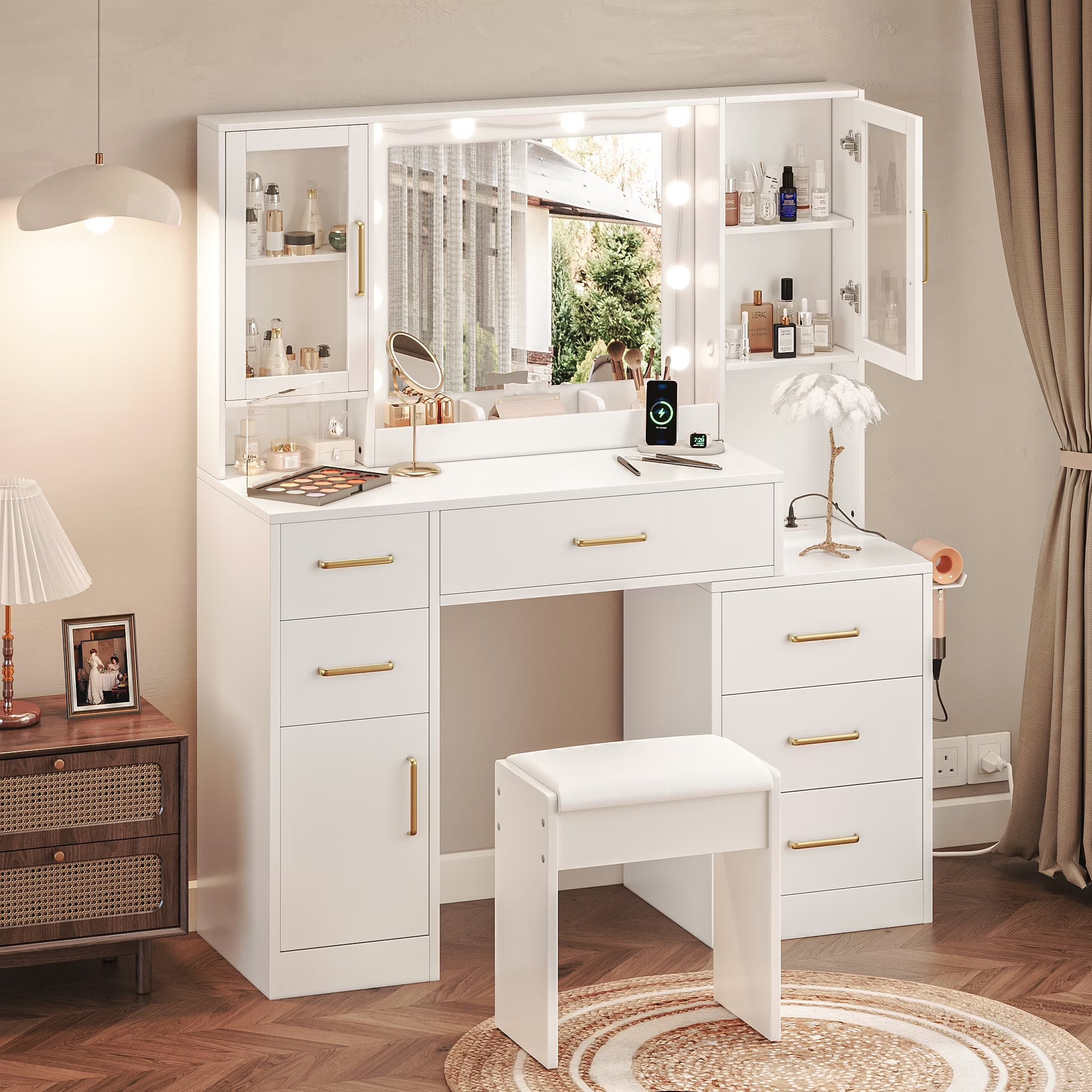 UGTOO 58.3" White Vanity Desk with Mirror, Adjustable Lighting, Power Outlet, Drawers, with Stool