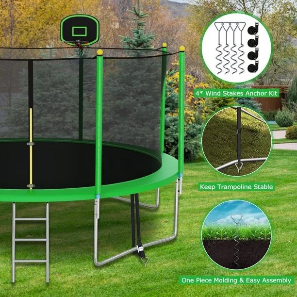 CITYLE 12FT Trampoline for Adults and Kids, No-Gap Design Heavy-Duty Outdoor Trampoline with Enclosure Net, Basketball Hoop, Lights, Wind Stakes, Christmas Birthday Gift