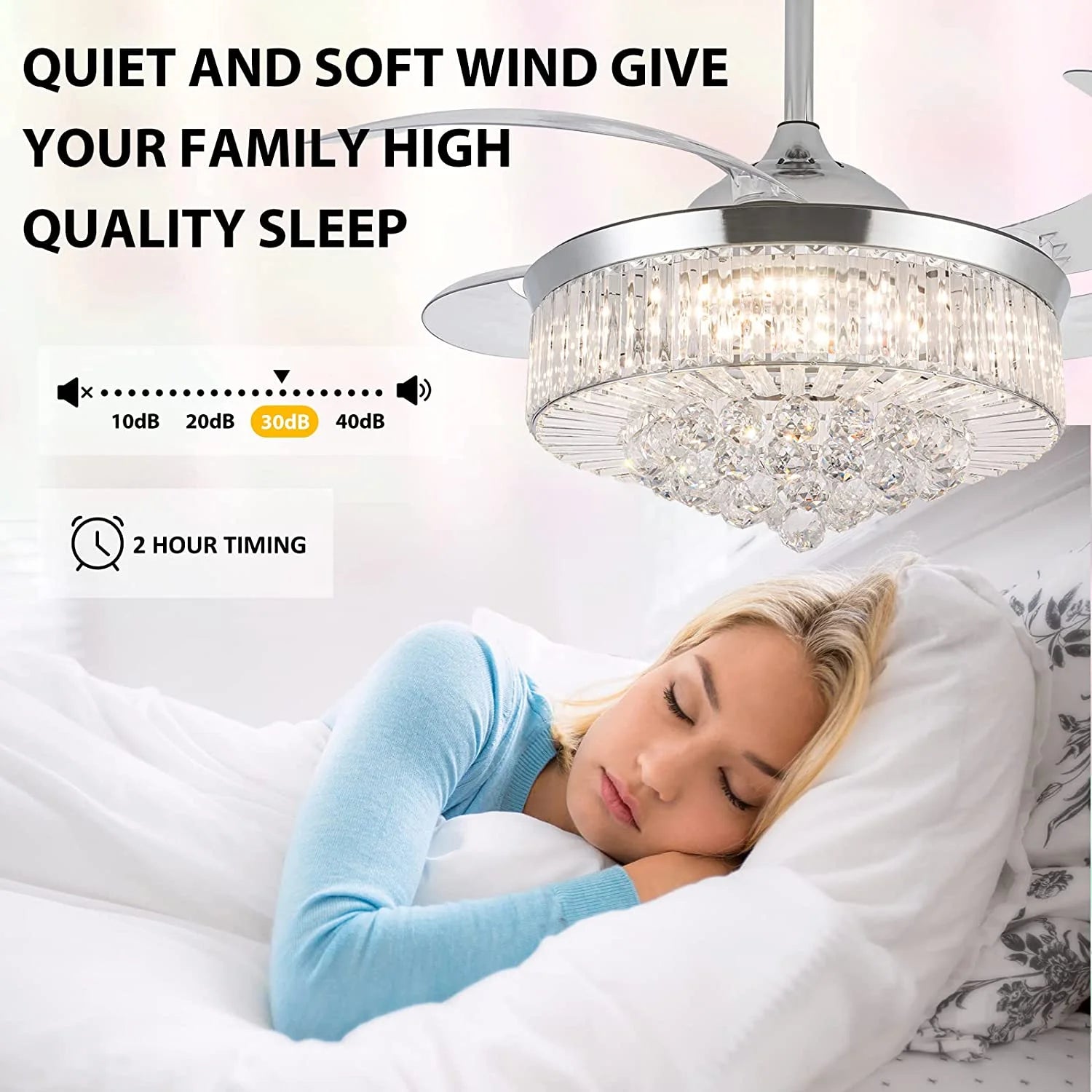 Datingday 42 Inch Crystal Ceiling Fan Golden Crystal Ceiling Fan Chandelier with Remote 6 Speeds 3 Colors Changes Lighting Fixture, 4 Blades Retractable Fans for Bedroom Living Room Dining Room