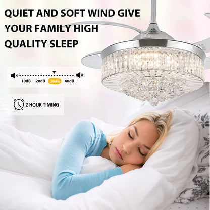 Datingday 42 Inch Crystal Ceiling Fan Golden Crystal Ceiling Fan Chandelier with Remote 6 Speeds 3 Colors Changes Lighting Fixture, 4 Blades Retractable Fans for Bedroom Living Room Dining Room