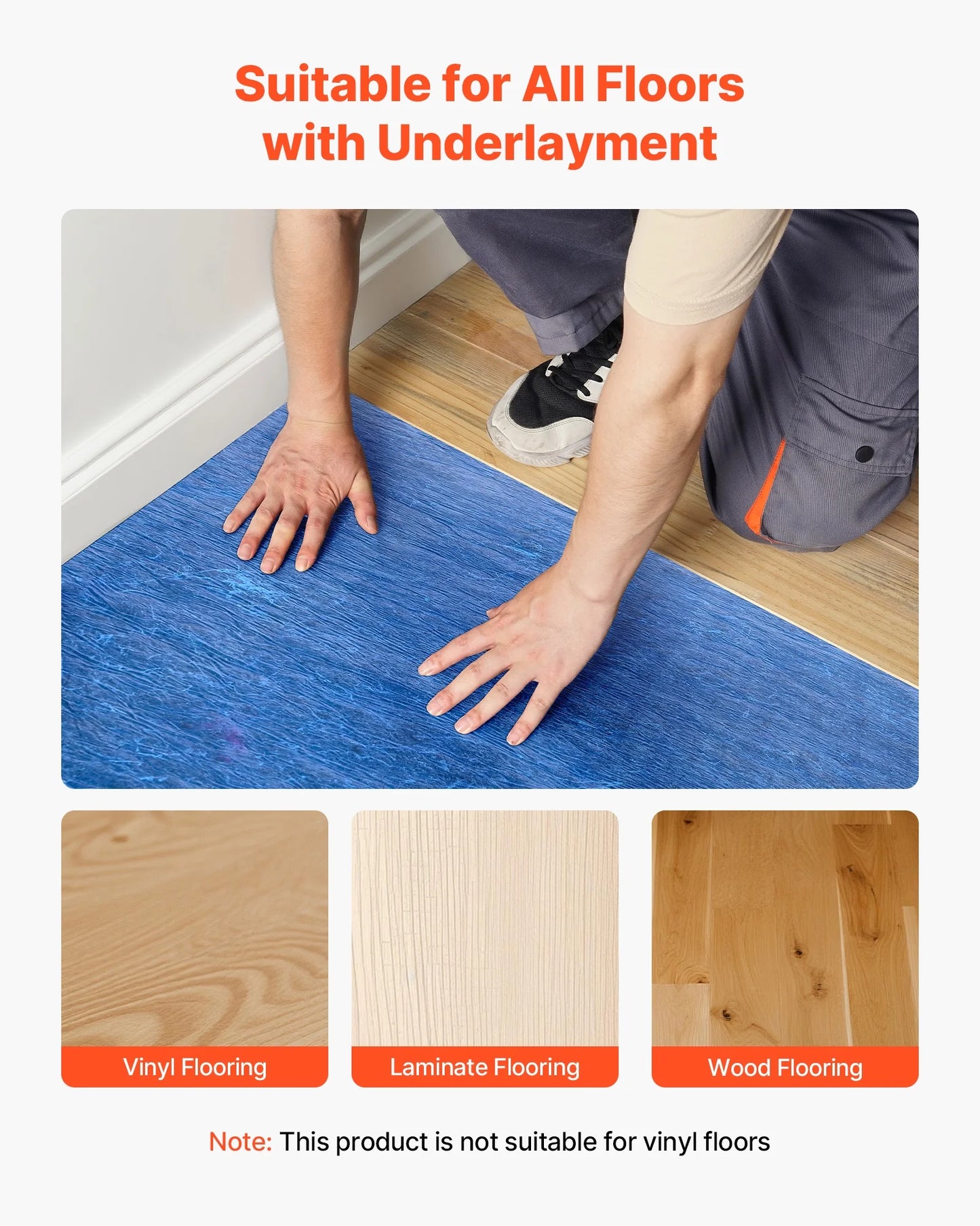 VEVOR Floor Underlayment 400 sq. ft, 3mm Laminate Flooring Padding with Attached Vapor Barrier, Heavy Duty Fiber+PE Film, Soundproofing & Noise Reduction for Vinyl & Wood(2 Rolls x 200 sq. ft)
