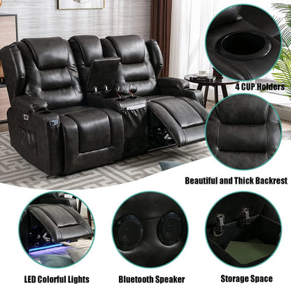 IPKIG Electric Home Theater Seating- Power Recline Chair Loveseat RV Sofa with Console, 67" Double Recliner 2-Seater RV Couch with Storage/USB Charging/Lighting/Cup Holders for Living Room