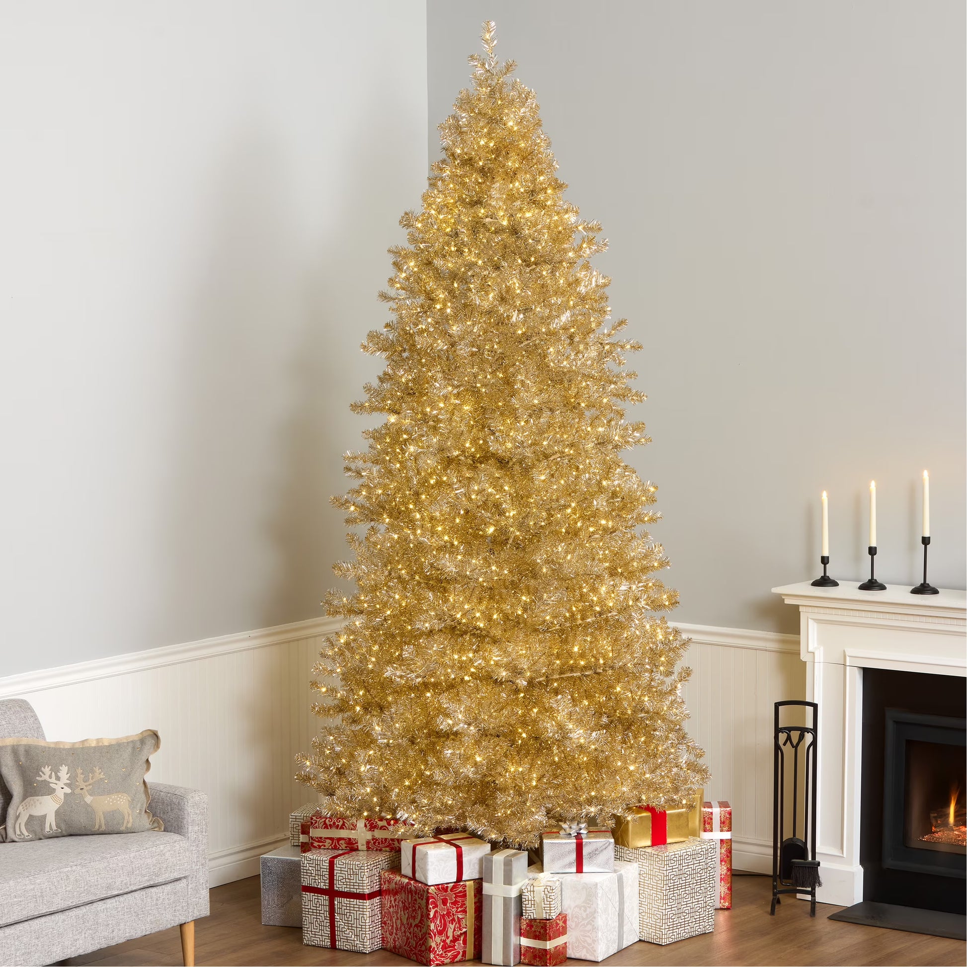 National Tree Company Pre-Lit Artificial Christmas Tree, Platinum, Tinsel, 1250 Warm White LED Rice Lights, Includes Stand, 7.5 Feet