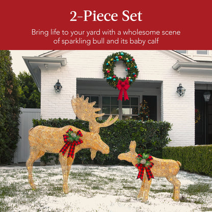 Best Choice Products 2-Piece Moose Family Lighted Christmas Yard Decor Set w/170 LED Lights, Stakes, Zip Ties - Gold