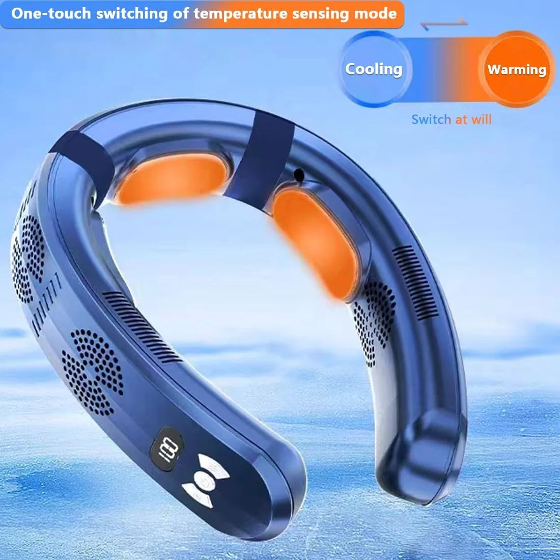 Neck air conditioner 26H ultra-long life, 6000mAh portable fan, semiconductor cooling ultra-quiet triple-core intelligent digital display and heating dual-use, navy-6000mAh (TC06)