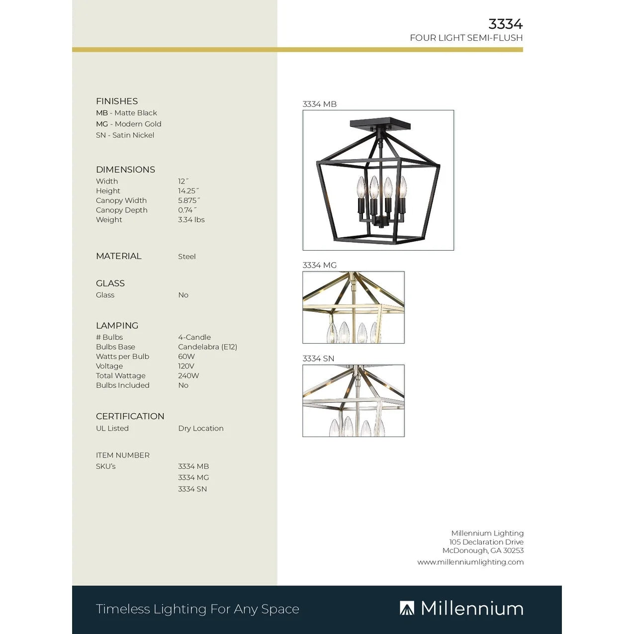 Millennium Lighting 4 Light Semi-Flush Ceiling Mount Fixture Modern Gold