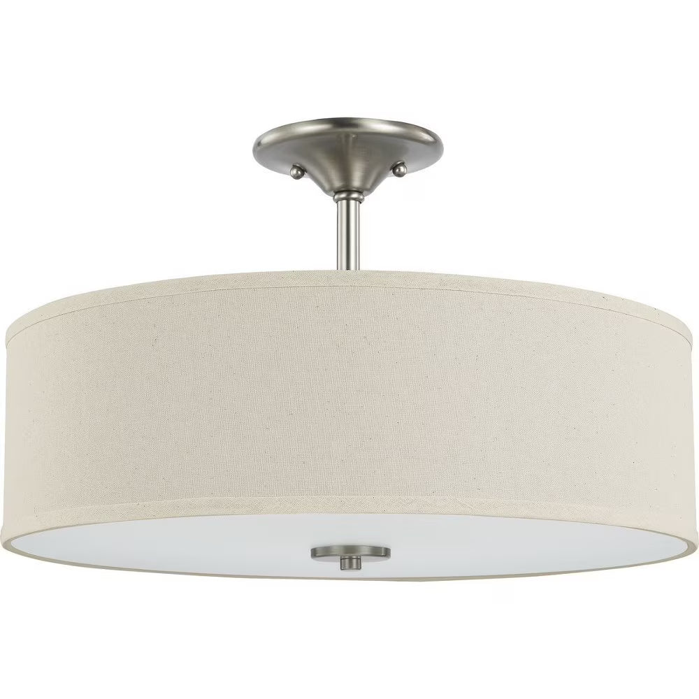 P350168-009-Progress Lighting-Inspire - Close-to-Ceiling Light - 3 Light - Drum Shade in Farmhouse style - 18 Inches wide by 11.5 Inches high-Brushed
