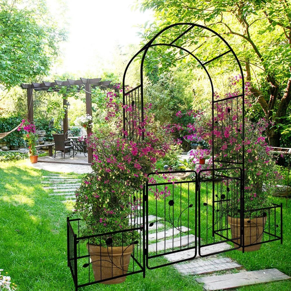 IVV 7.2ft Garden Arbor Arch with Gate and Side Planter Box, Wedding Arch Archway for Ceremony Party, Trellis for Plant Climbing, Christmas Decorations Pergola for Backyard, Lawn, Patio, Yard (Black)