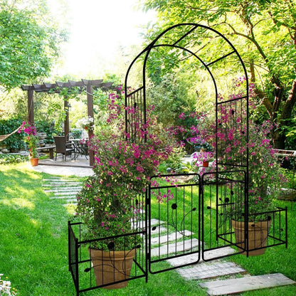 IVV 7.2ft Garden Arbor Arch with Gate and Side Planter Box, Wedding Arch Archway for Ceremony Party, Trellis for Plant Climbing, Christmas Decorations Pergola for Backyard, Lawn, Patio, Yard (Black)