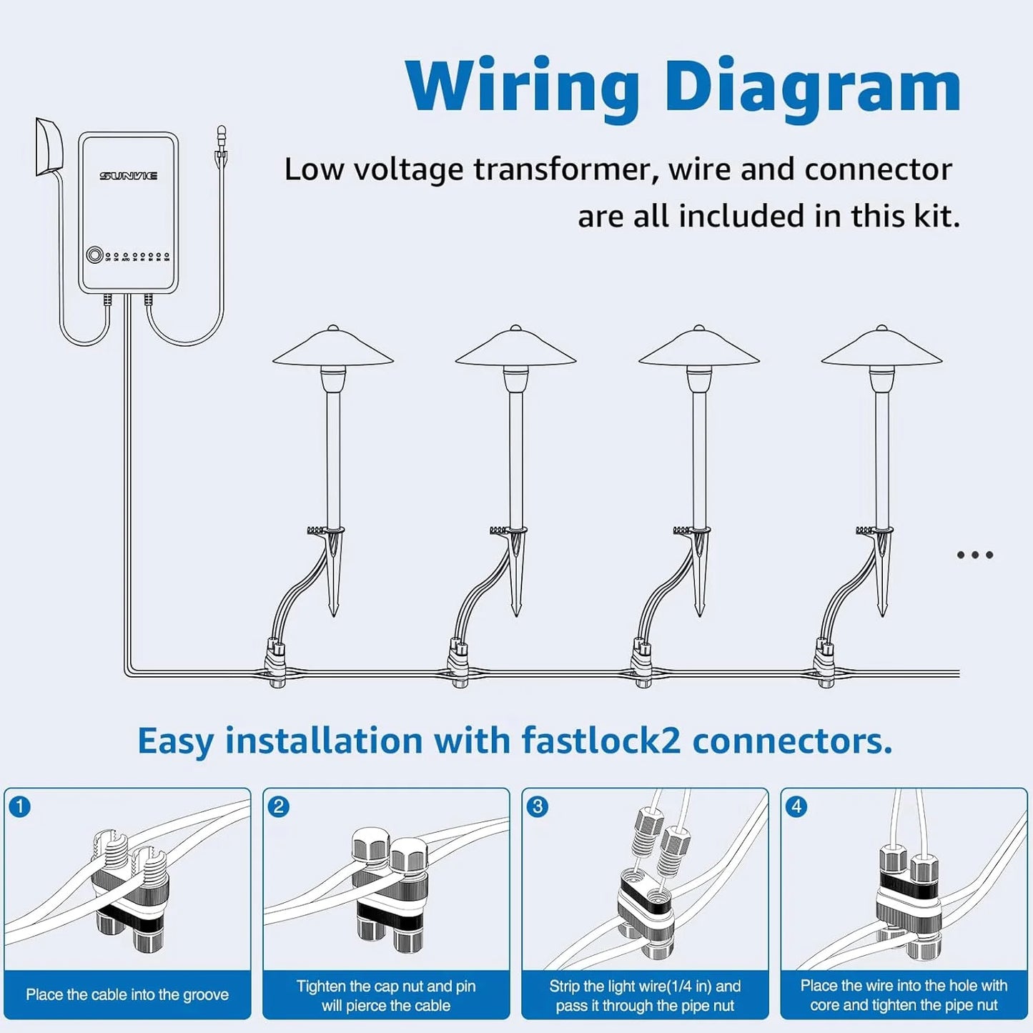 SUNVIE All-in-One Low Voltage Pathway Lighting Kit, 8 Pack LED Light with Transformer and Wire