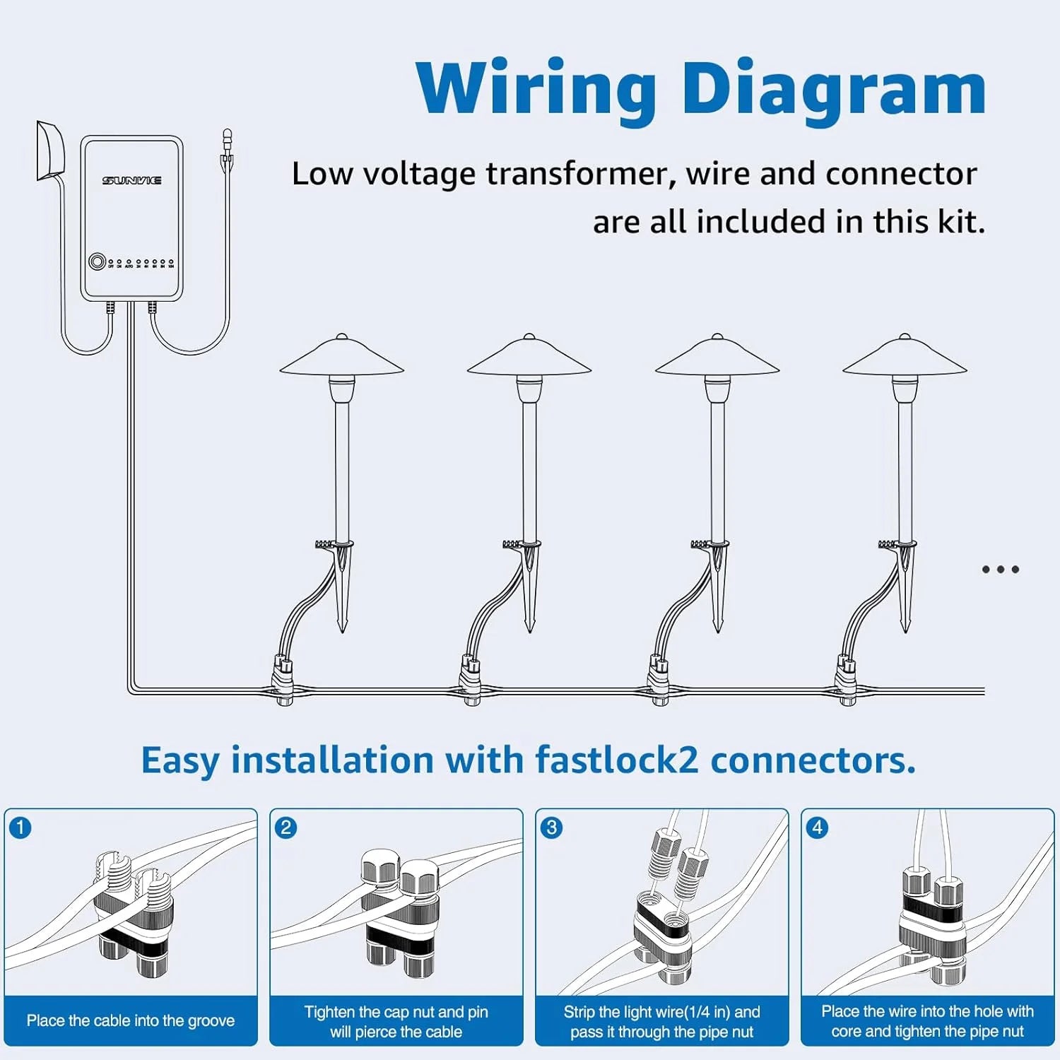 SUNVIE All-in-One Low Voltage Pathway Lighting Kit, 8 Pack LED Light with Transformer and Wire