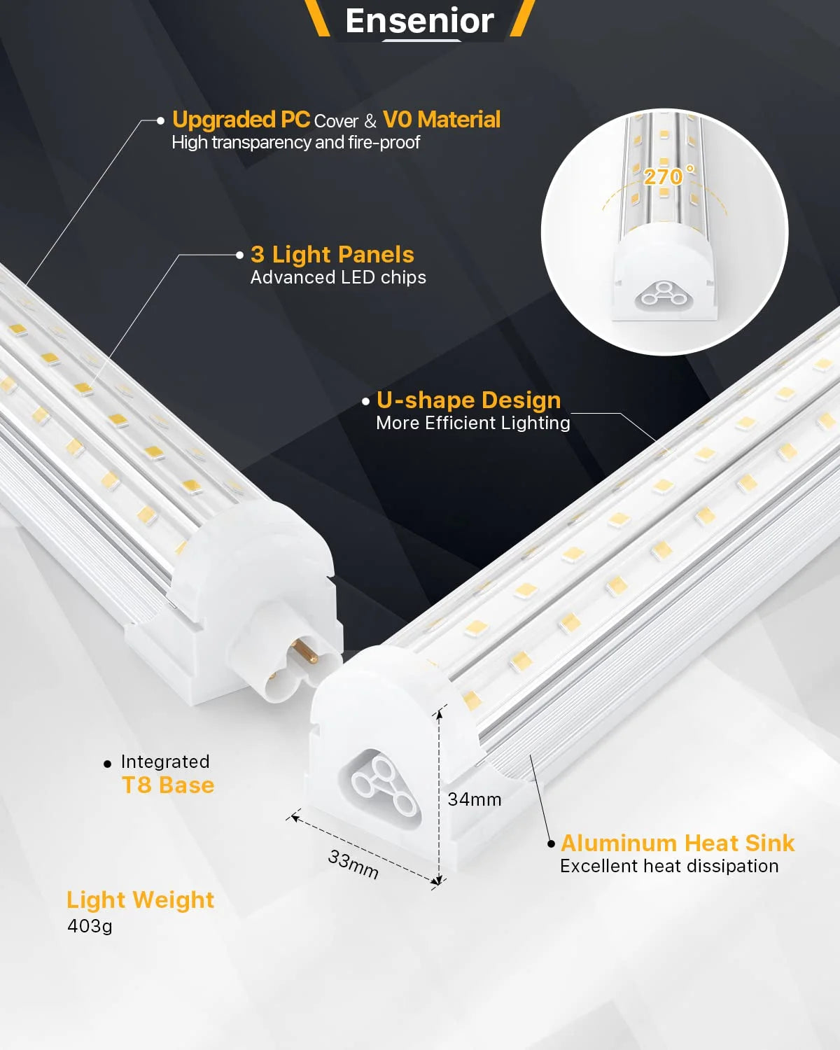 Ensenior 6 Pack 4 FT Led Shop Lights, 6000K Clear White, 5000LM Super Bright, 36W Equivalency 468W, Commercial Bay Lighting, U-Shaped Linkable Shop Lights Plug in for Garage, Workshop, FCC Certified
