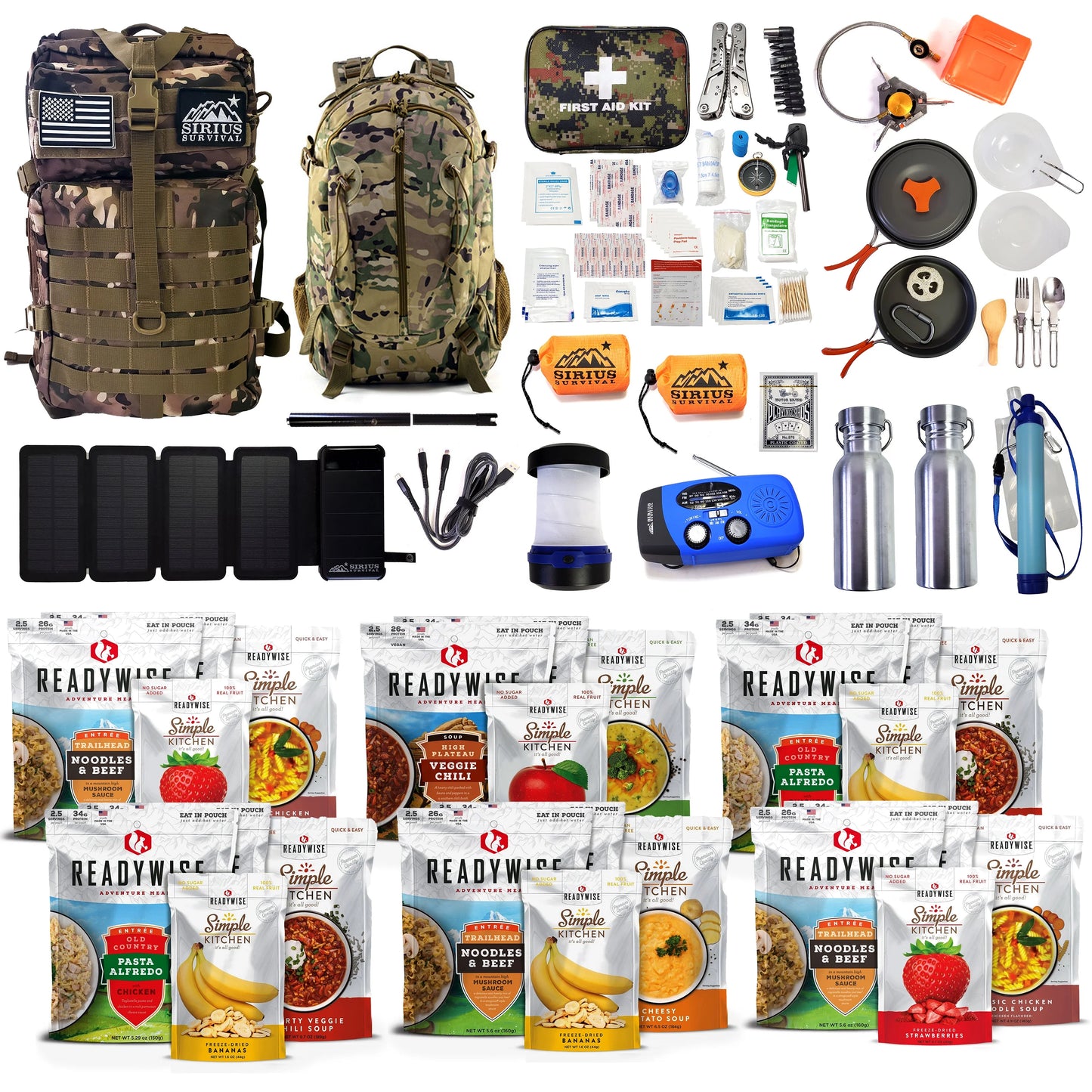 Family Comfort 72 Emergency Survival Kit/Backpack - 72 Hour for 2 People - Disaster Preparedness - Delicious ReadyWise Food, Gear, Lighting, First Aid, Tools & More - Camo
