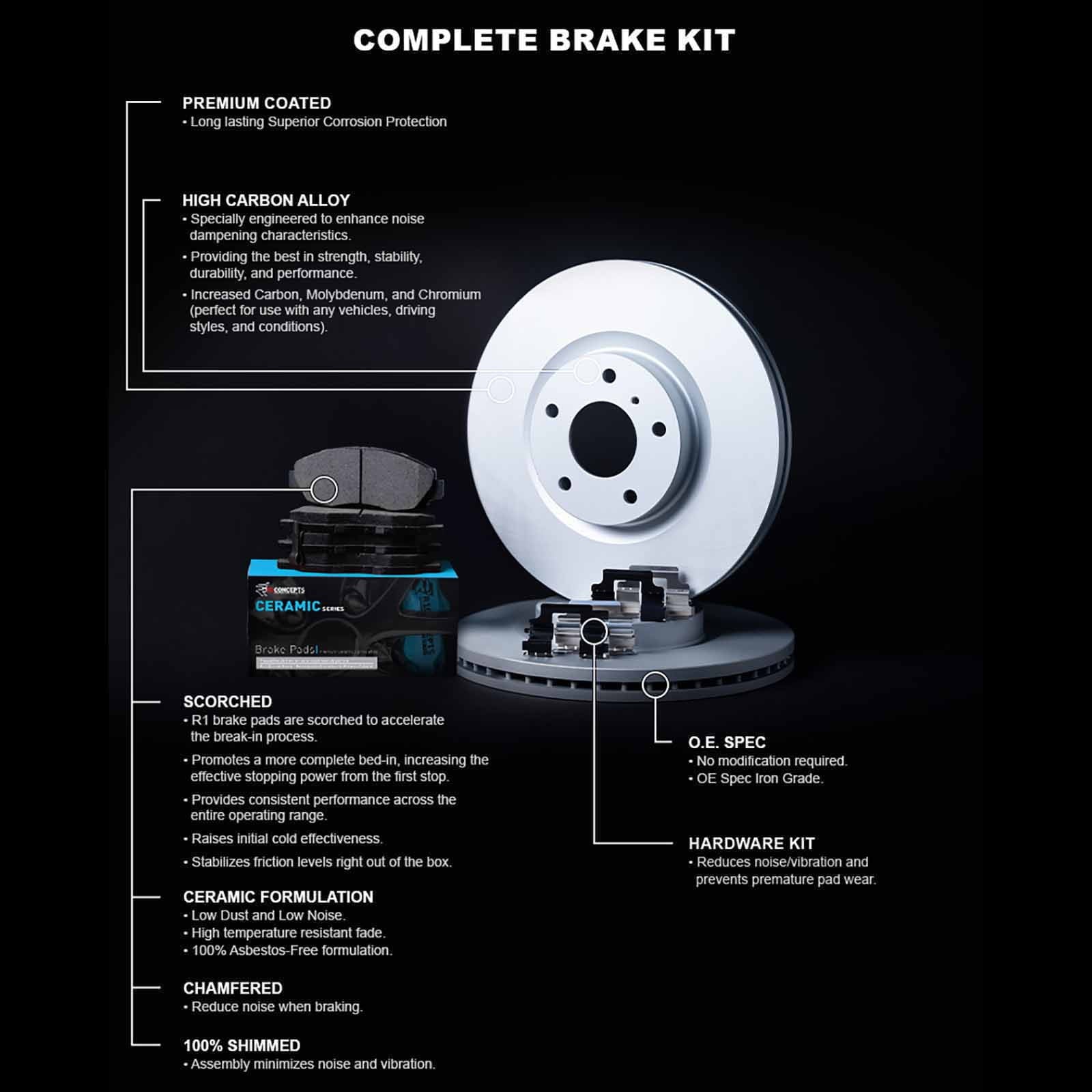 R1 Concepts Rear Brakes and Rotors Kit |Rear Brake Pads| Brake Rotors and Pads| Ceramic Brake Pads and Rotors |Hardware Kit WDWH1-59046