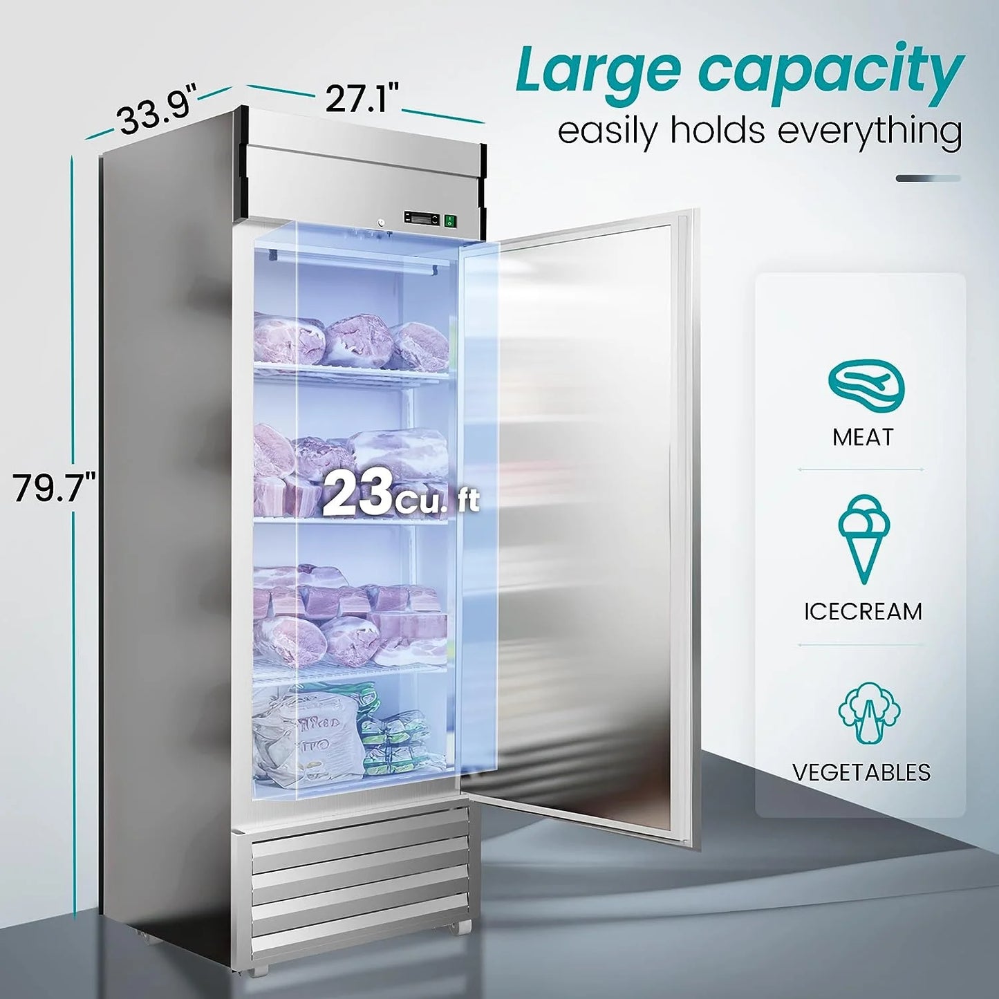 27"W Dynamic Cooling Commercial Freezer 23 Cu. Ft OmniSmart Temperature Control -10° F~10° F Self Closing Stainless Steel Reach-In Commercial Freezer Digital Thermostat LED Lighting 3 Shelves