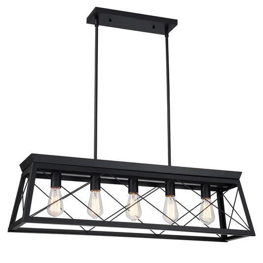 5-Light Farmhouse Matte Black Chandelier Industrial Pendant Lighting for Kitchen Island for Dining Room, Living Room