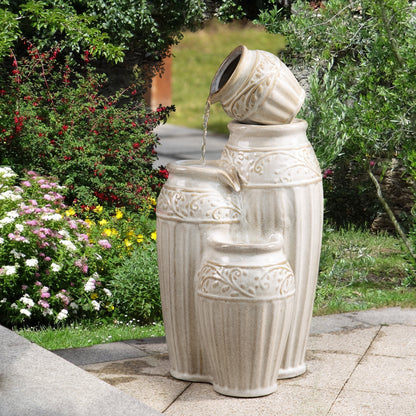 Glitzhome 27.25" 4 Tier Embossed Pattern Ceramic Pots Electrical Water Fountain with LED Light