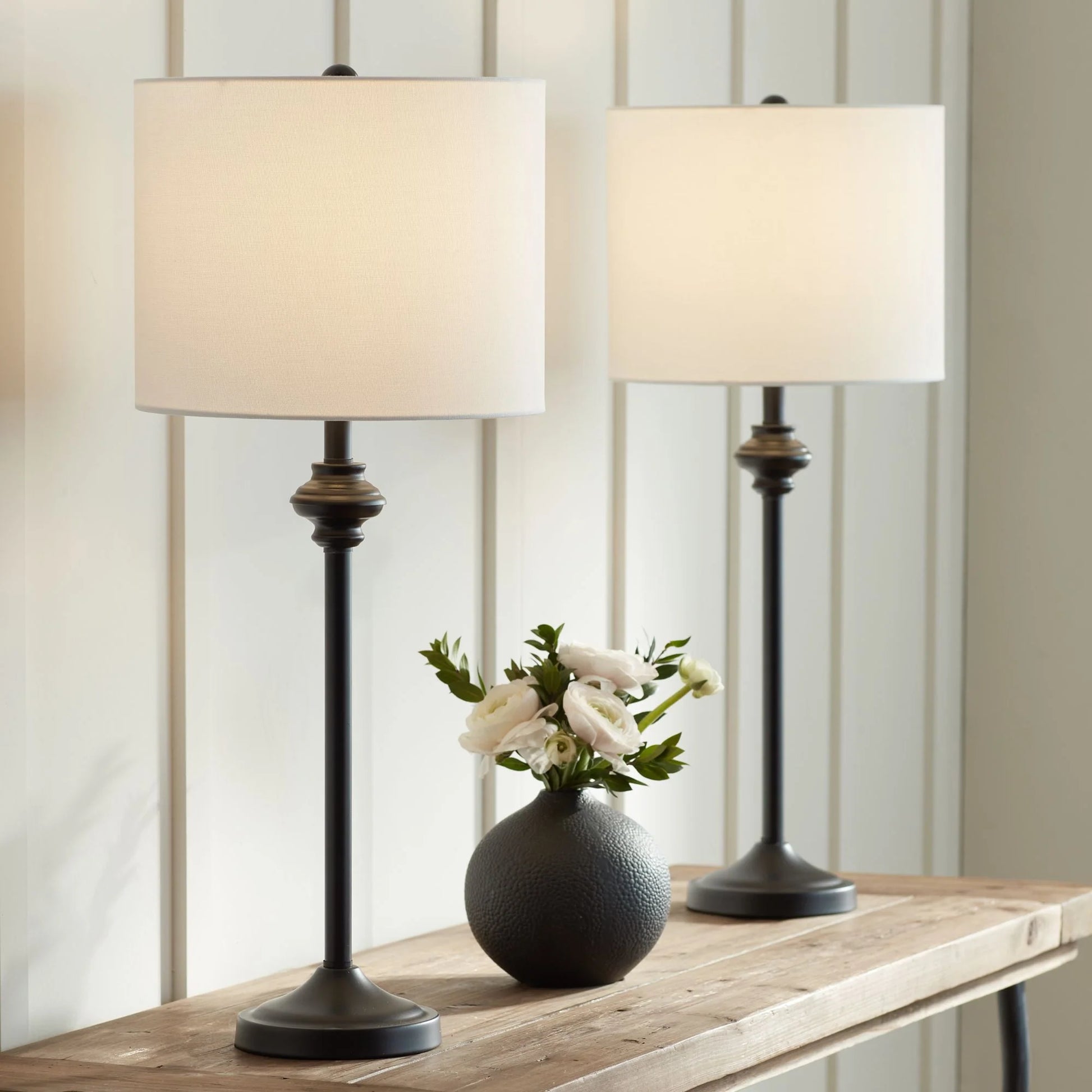 360 Lighting Lynn Modern Buffet Table Lamps 26" Tall Set of 2 Black Metal White Fabric Drum Shade for Bedroom Living Room Bedside Nightstand Office
