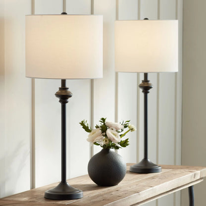 360 Lighting Lynn Modern Buffet Table Lamps 26" Tall Set of 2 Black Metal White Fabric Drum Shade for Bedroom Living Room Bedside Nightstand Office