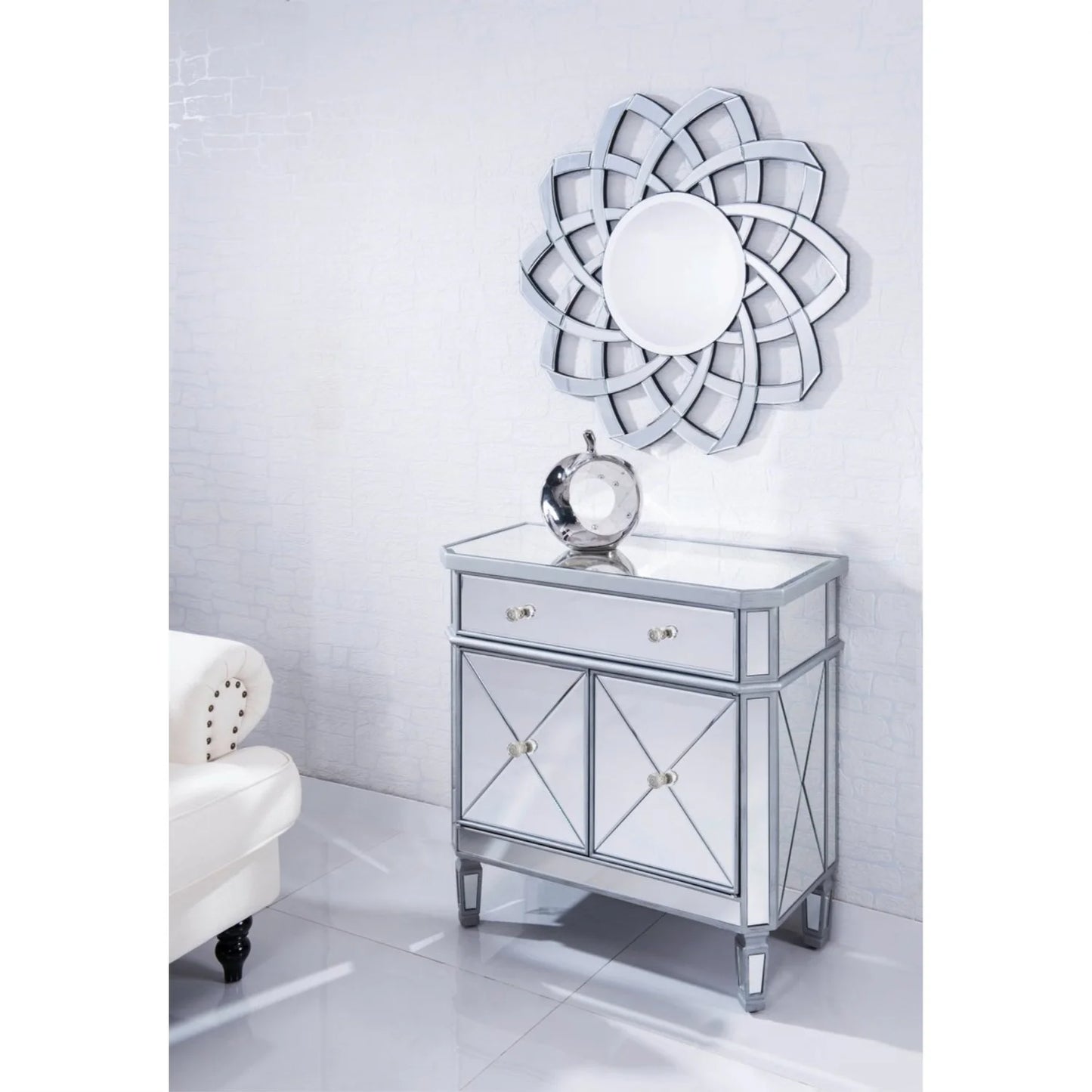 Elegant Lighting Side Cabinet Contemporary Silver Clear Brushed Steel Mirror Solid Wood Mirrors