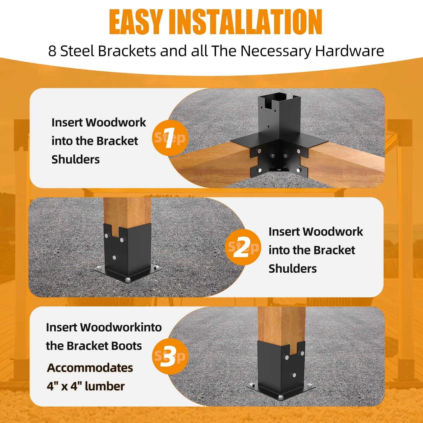 Pergola Brackets 12 Gauge Heavy Duty Steel Modular Modern Outdoor Pergola Hardware Kit DIY Elevated Wood Stand kit Includes 4 Bracket Shoulders 4 Boots for 4x4 (Actual: 3.5x3.5 Inch)