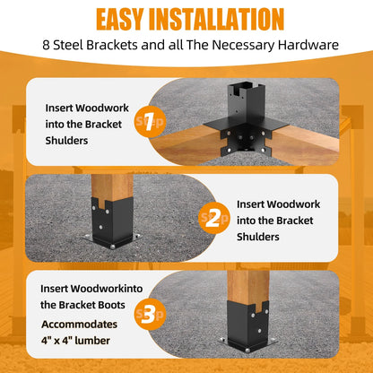 Pergola Brackets 12 Gauge Heavy Duty Steel Modular Modern Outdoor Pergola Hardware Kit DIY Elevated Wood Stand kit Includes 4 Bracket Shoulders 4 Boots for 4x4 (Actual: 3.5x3.5 Inch)