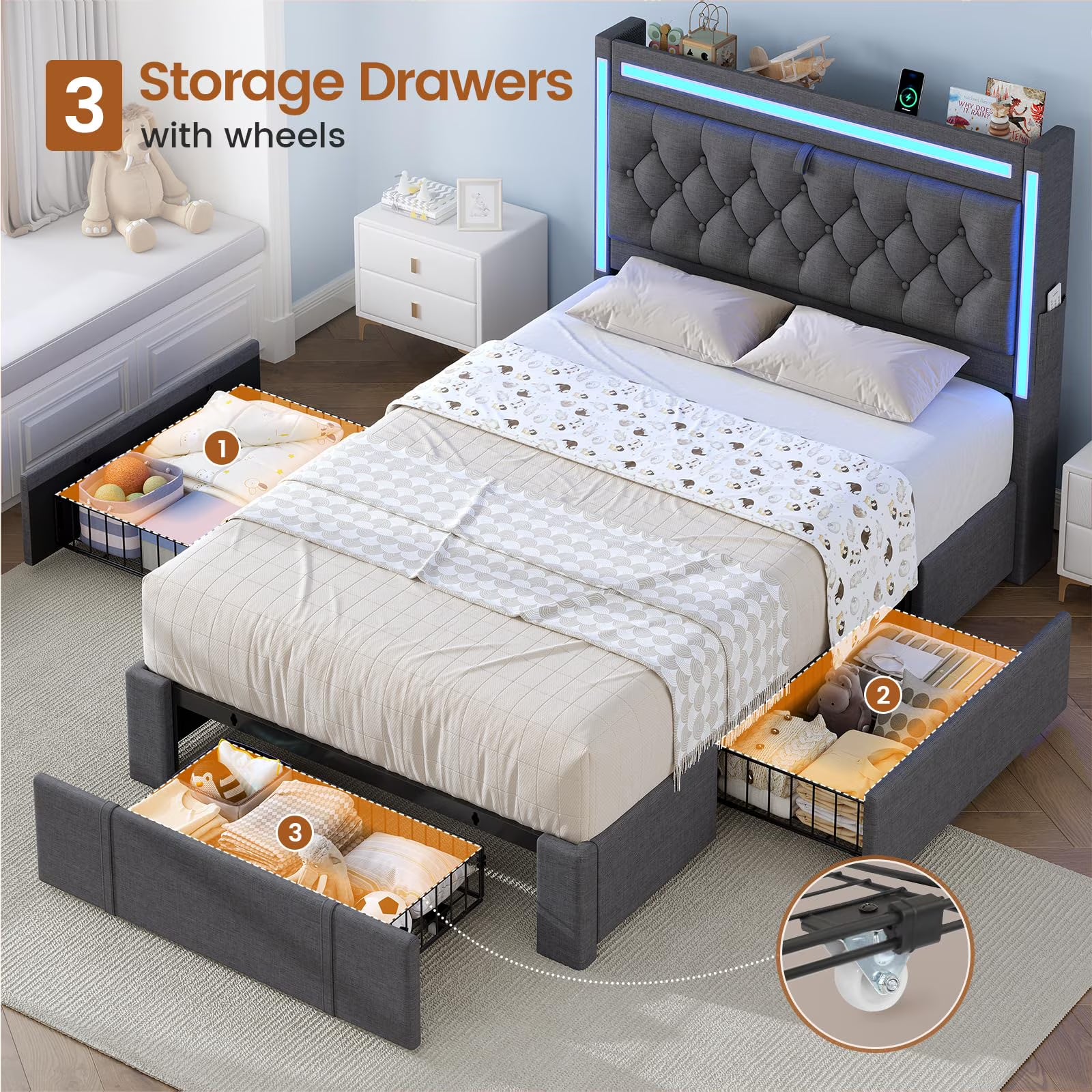 Platform Bed Twin Size with Storage Drawers and Headboard,, Twin Size Velvet Upholstered Bed with RGB Lighting and Power Outlet, No Box Spring Needed, Noise-Free, White