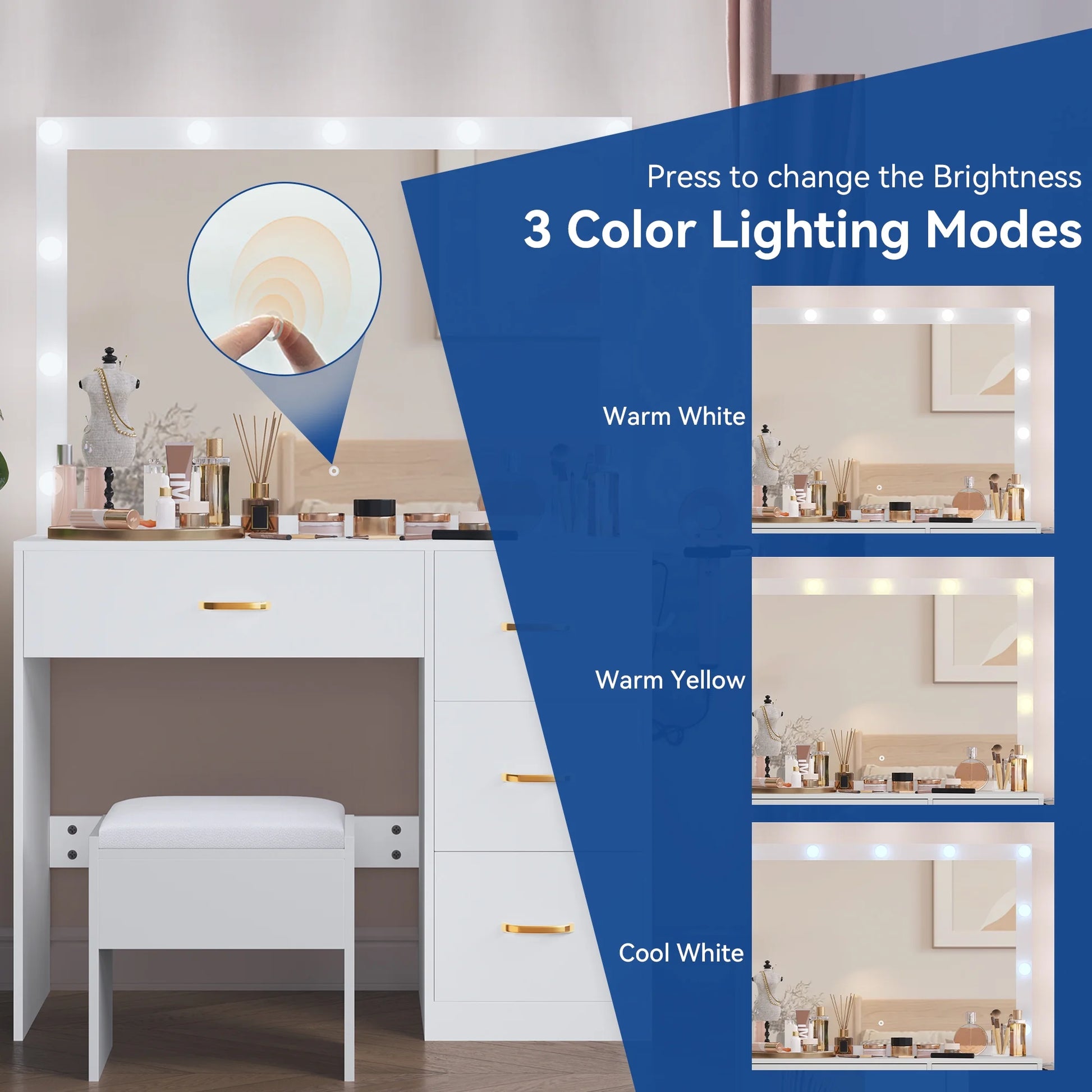 Dextrus Makeup Vanity Ensemble,Generously Sized Illuminated Mirror, Vanity Featuring Electrical Outlet, 3 Versatile Lighting Modes, Customizable Brightness, and 4 Storage Drawers for Women Girls