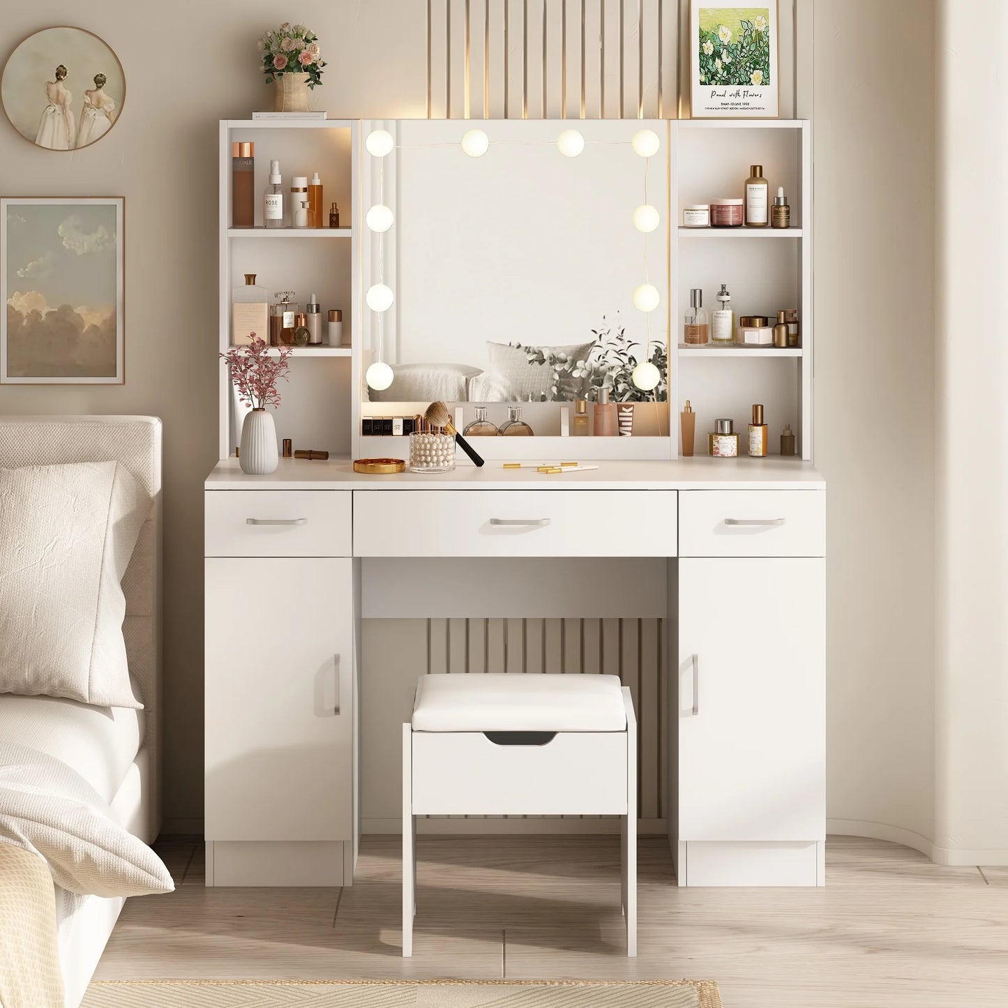 VEANERWOOD Large Makeup Vanity Set with Light Modern Makeup Vanity Table with Storage and Adjustable Lighting Colors for Bedroom 45.2in, White