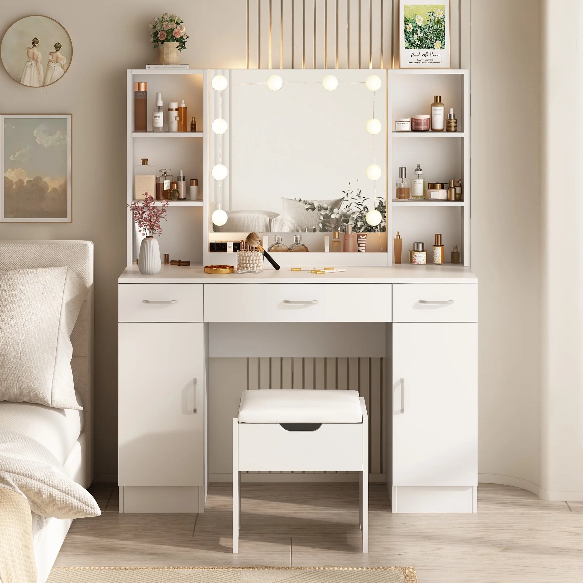 VEANERWOOD Large Makeup Vanity Set with Light Modern Makeup Vanity Table with Storage and Adjustable Lighting Colors for Bedroom 45.2in, White