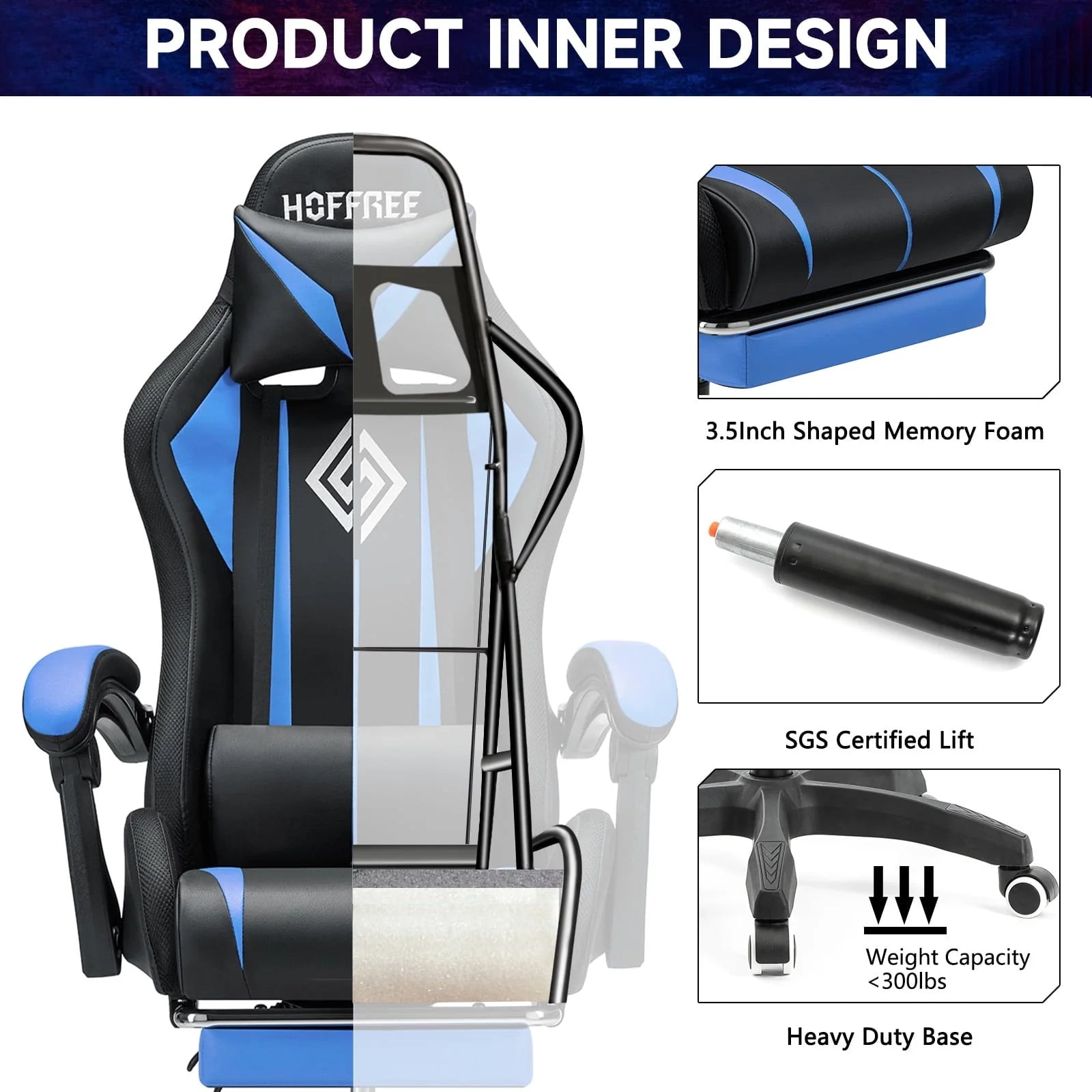 Hoffree Gaming Chair with Massage Office Chair Ergonomic Gamer Chair with LED Light Adjustable Headrest Lumbar Support Footrest Swivel High Back Computer Chair for Adults Teens Christmas,Xmas Gift