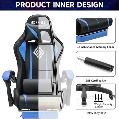 Hoffree Gaming Chair with Massage Office Chair Ergonomic Gamer Chair with LED Light Adjustable Headrest Lumbar Support Footrest Swivel High Back Computer Chair for Adults Teens Christmas,Xmas Gift